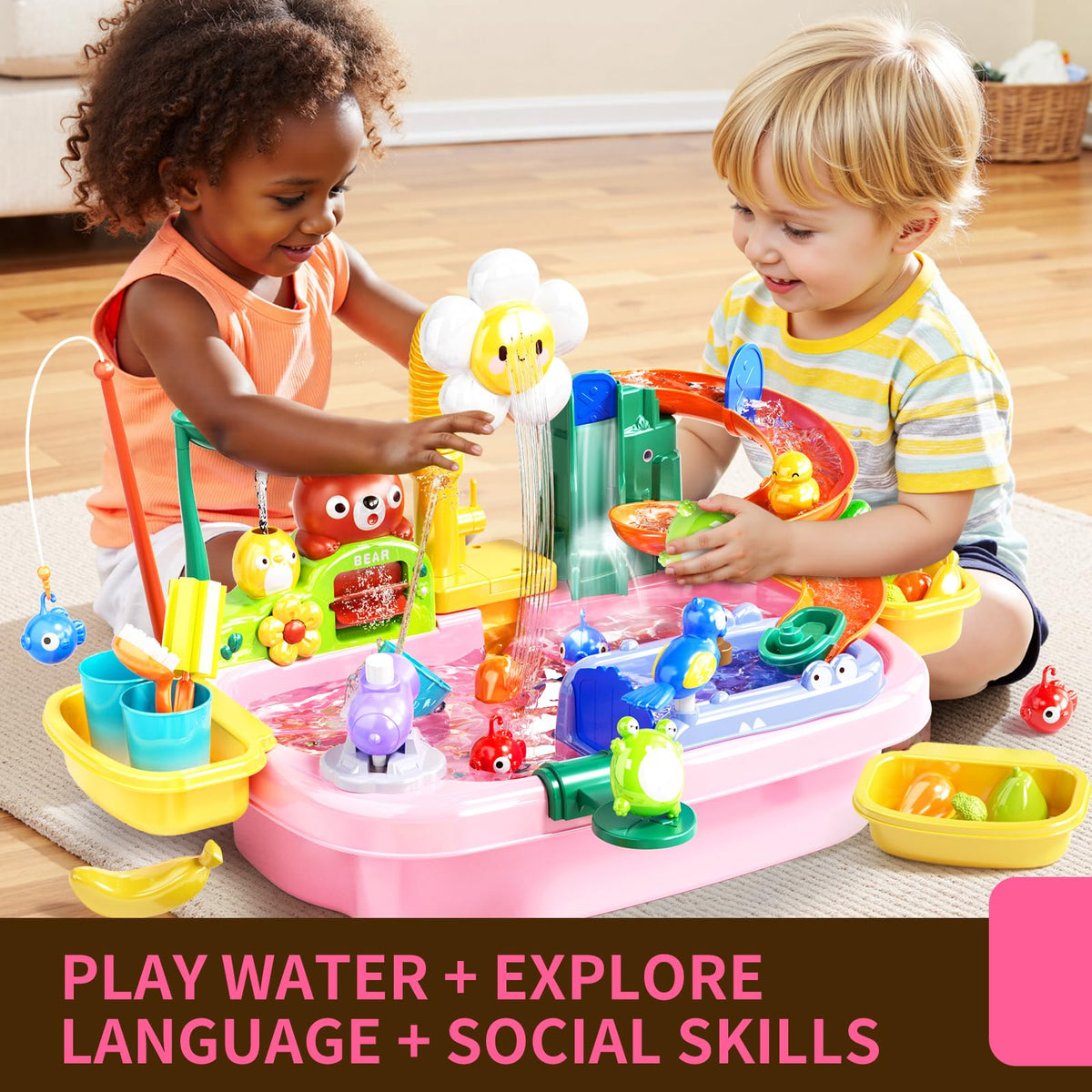 Pupu Pig water table with removable legs for indoor or outdoor use.