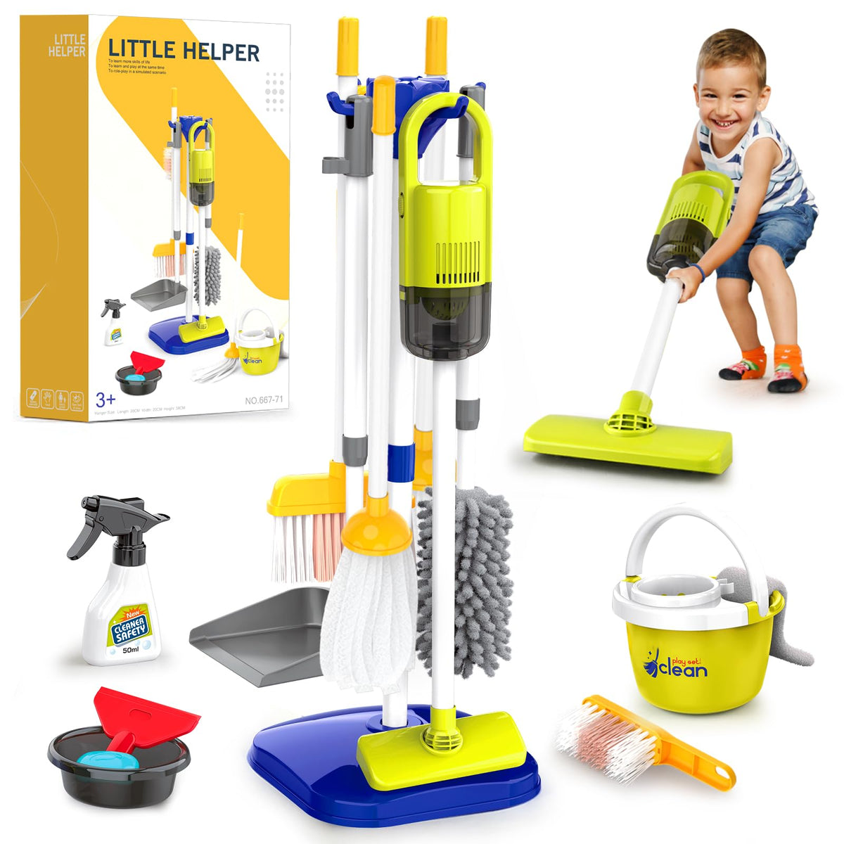 Pupu Pig toddler cleaning set vacuum with realistic sound promotes imaginative play.