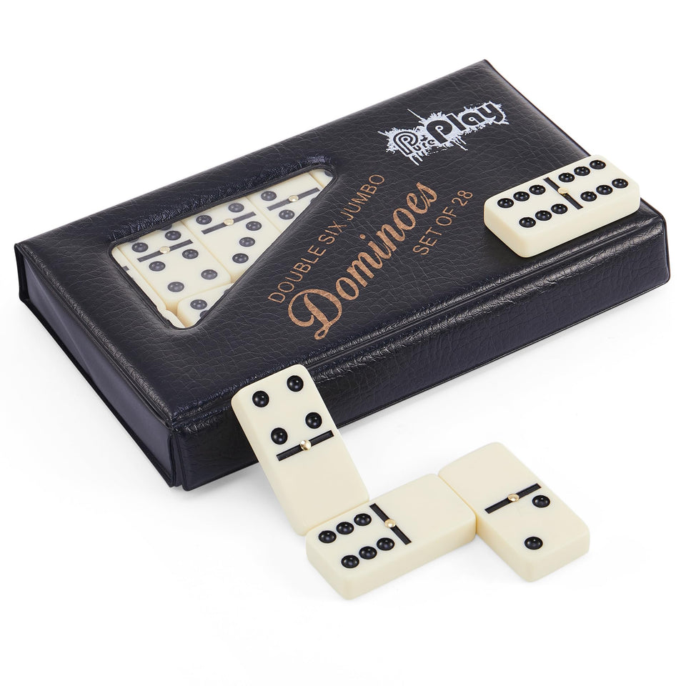 PUREPLAY jumbo dominoes case open for easy family game night on the go.