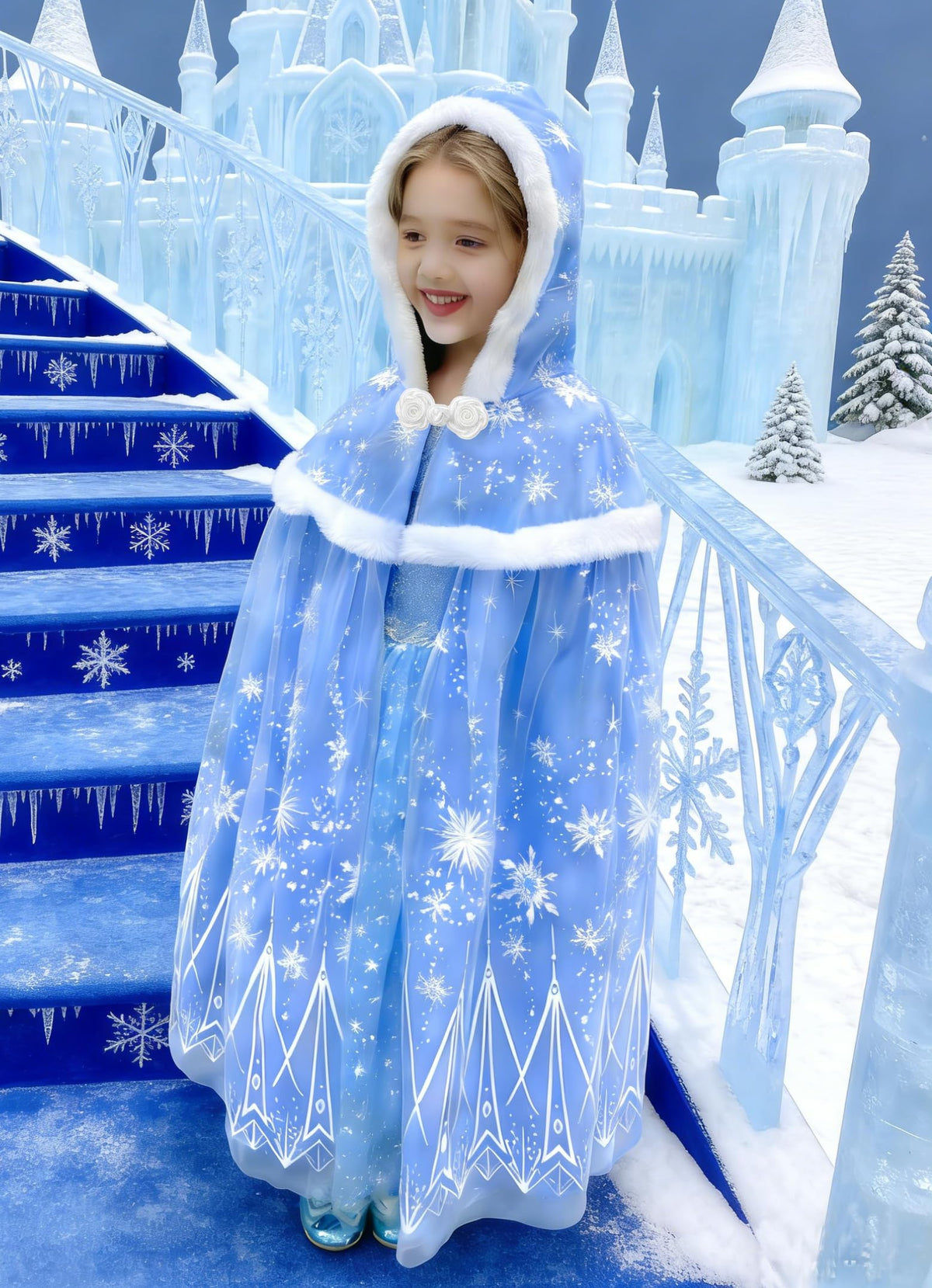 Purfeel Elsa hooded cape back view; cozy warmth for winter events