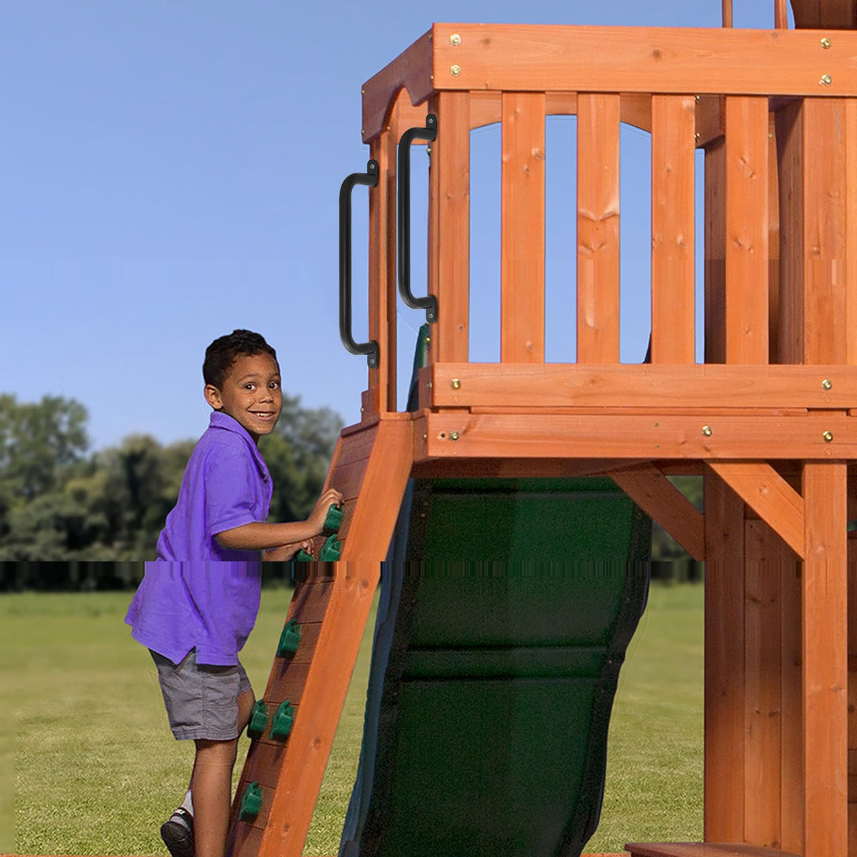 Purife 17-inch black playground safety rail on a frame emphasizes versatile grip.