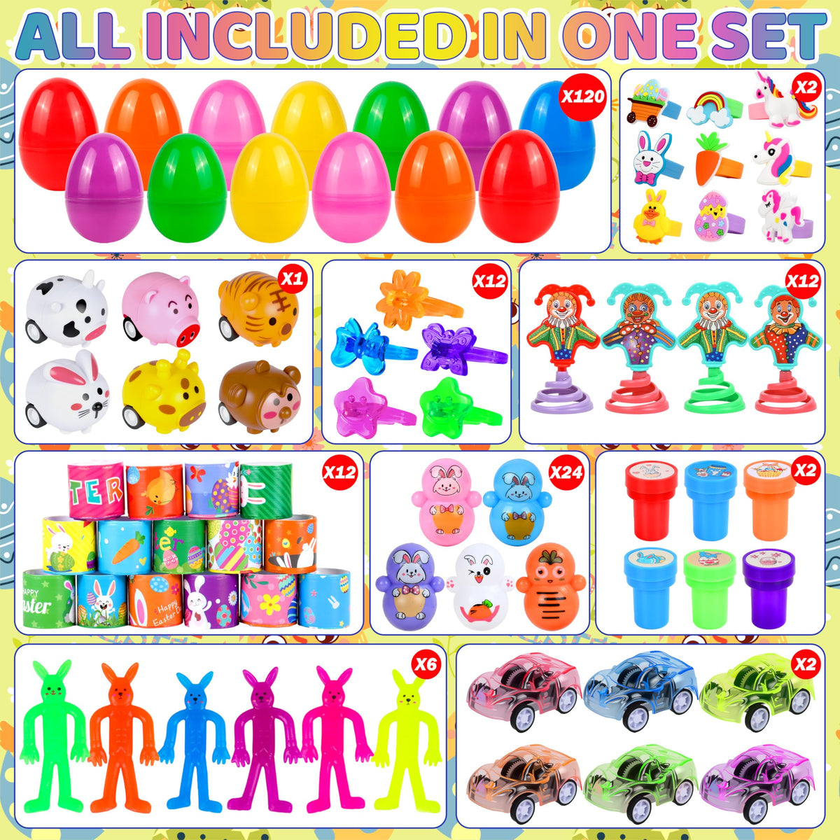 PURPERCAT 120 plastic eggs reveal an assortment of mini toys inside.