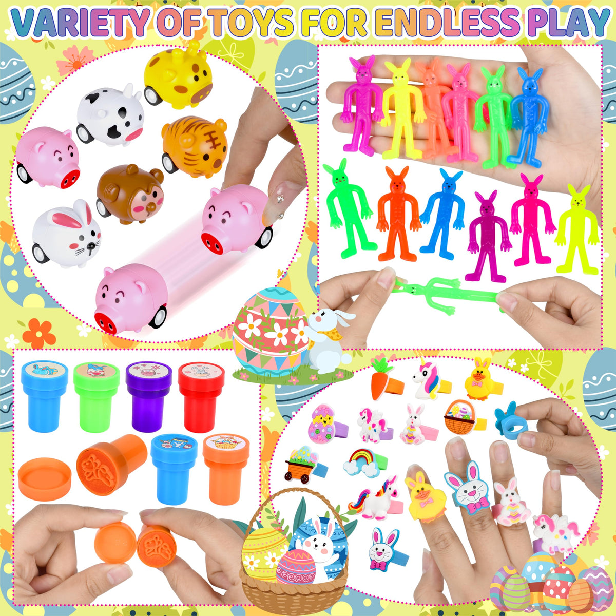 PURPERCAT slap bracelets, stamps, and more provide interactive egg hunt fun.