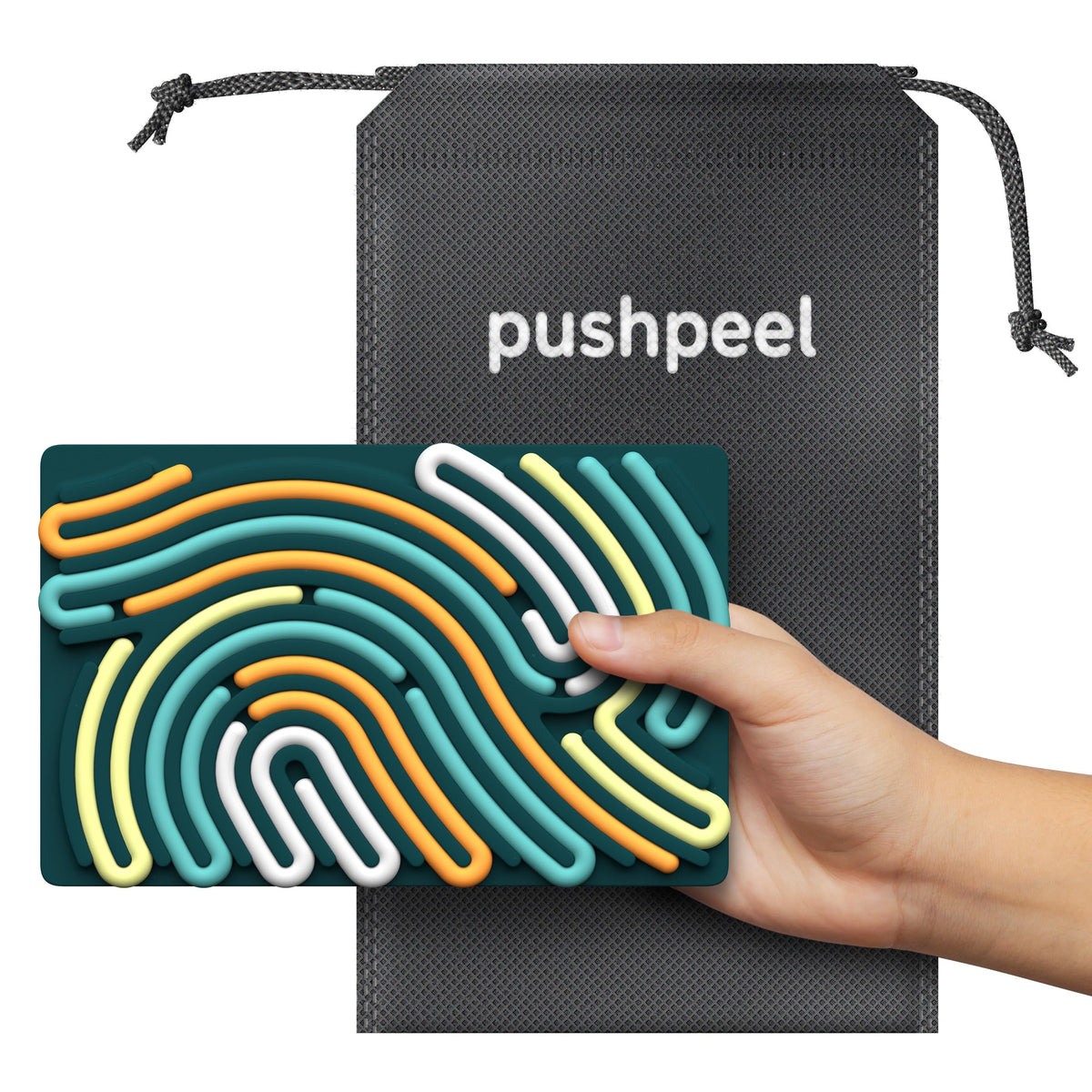 Pushpeel Sensory Board activity close-up shows 11 color strings for dexterity.