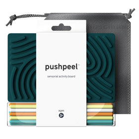 Pushpeel Sensory Activity Board top view highlights portable calm for travel.