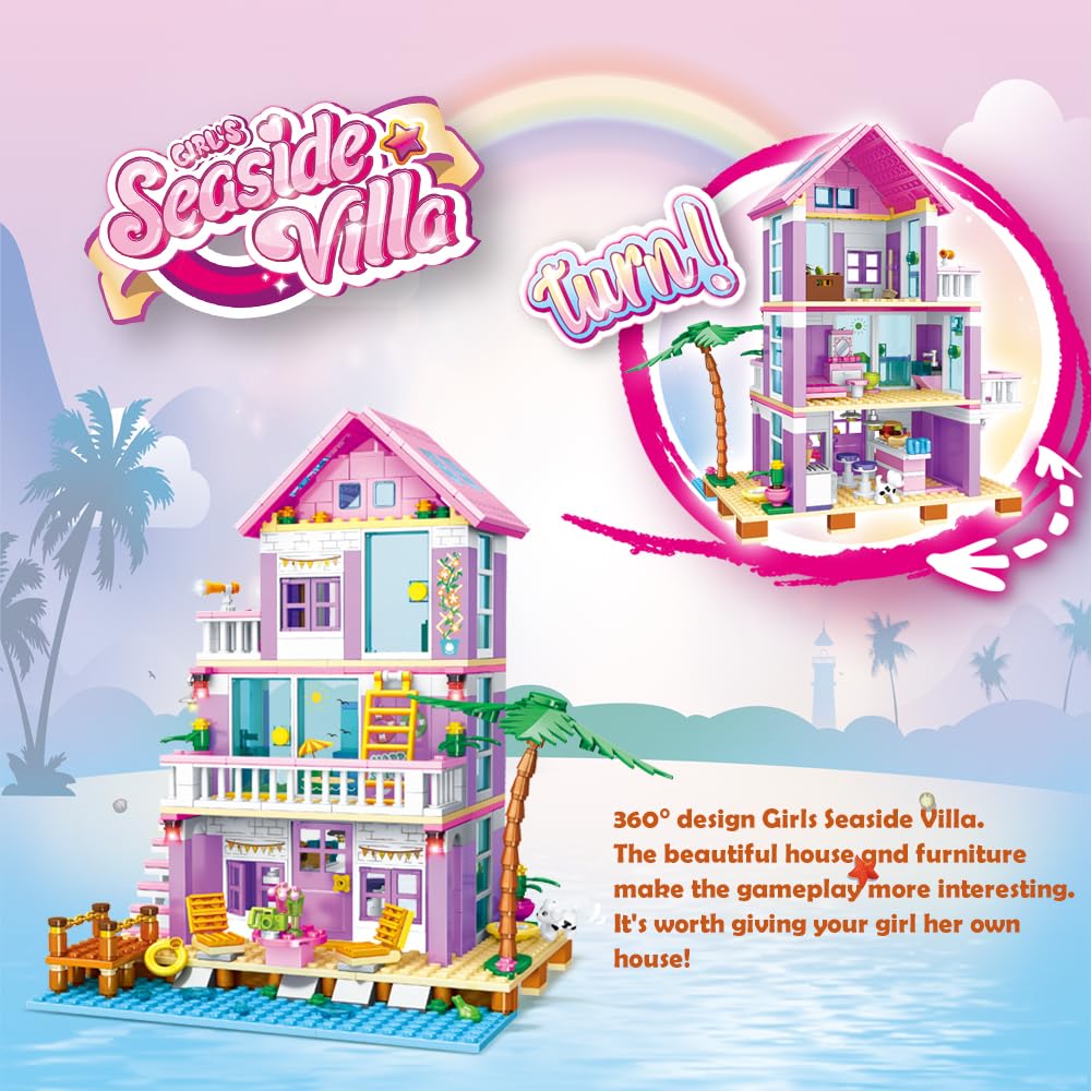 PUSITI Seaside Villa packaging box highlighting colorful pieces and easy-to-follow instructions