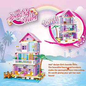PUSITI Seaside Villa packaging box highlighting colorful pieces and easy-to-follow instructions
