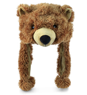 Puzzled Brown Grizzly Bear Hat with ear flaps for cozy warmth