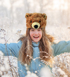 Puzzled Brown Grizzly Bear Hat in packaging for gifting