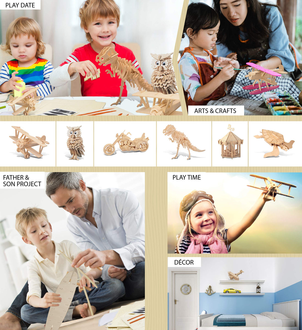 Puzzled wooden airplane kit for painting and customization