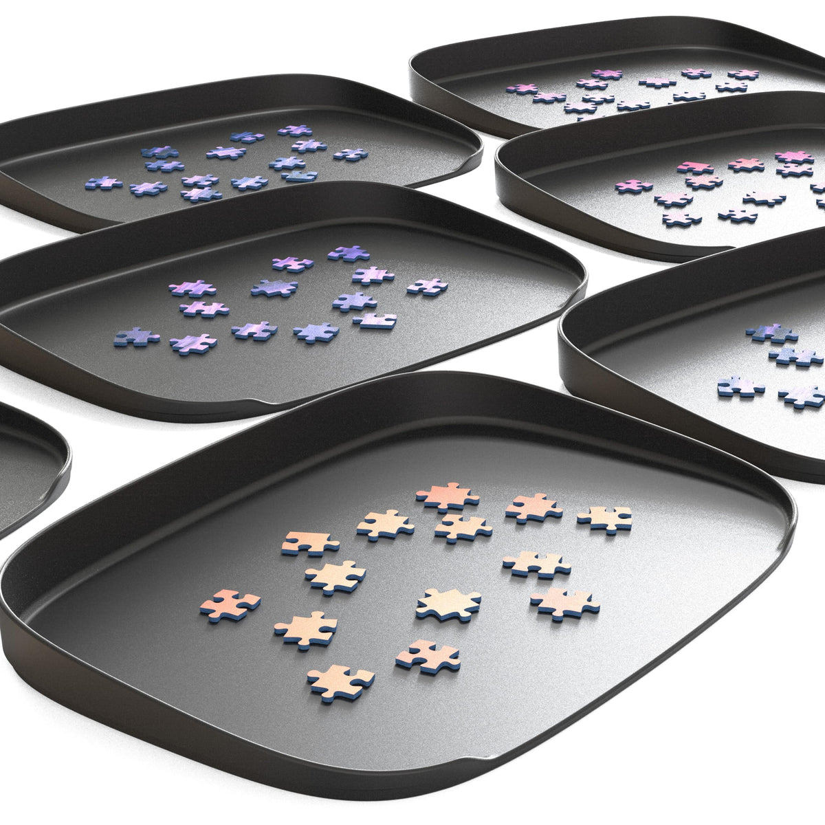 Puzzlup puzzle sorting trays 6-pack with front-opening design for easy piece retrieval.