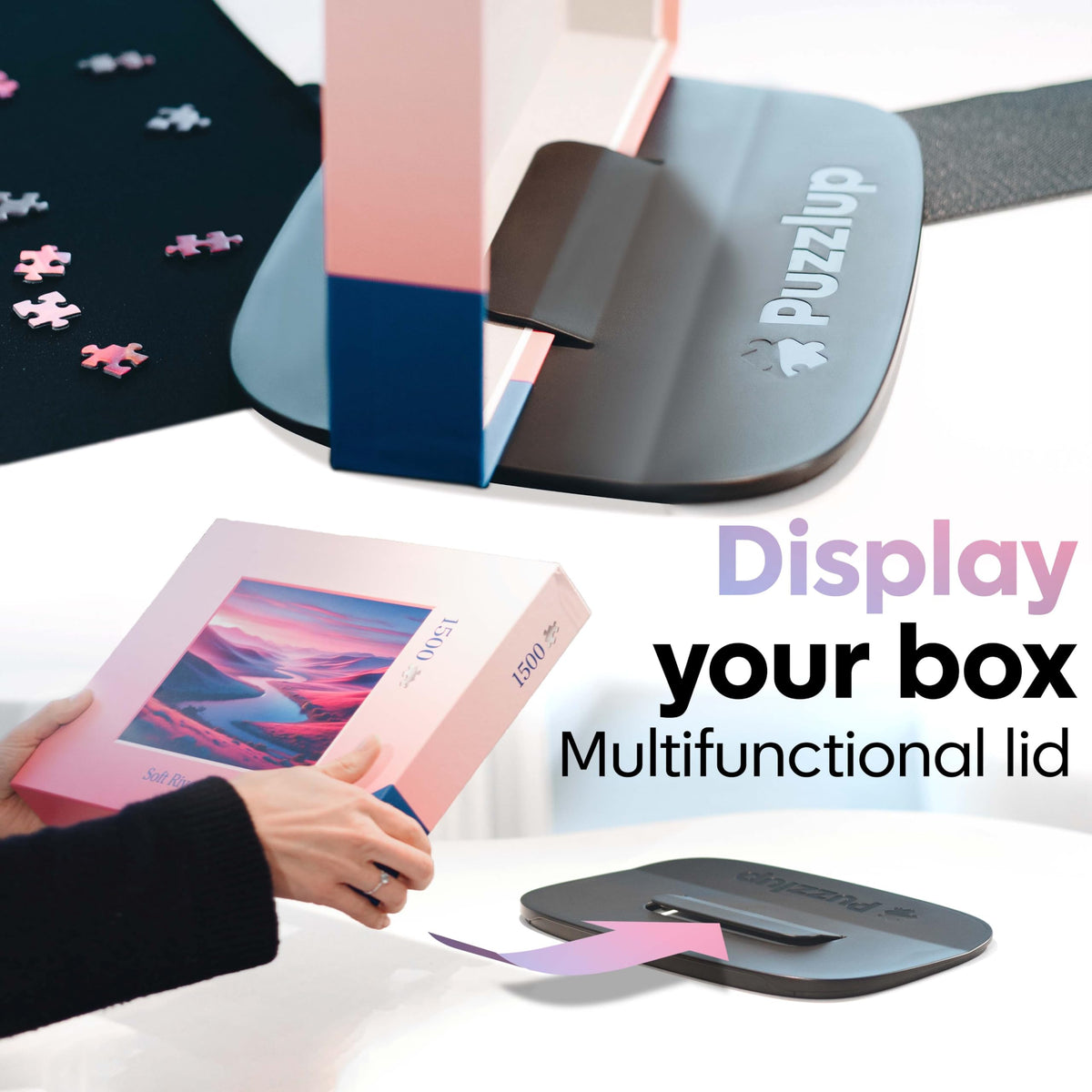 Puzzlup puzzle trays stackable set showing front-facing or zigzag stacking options.