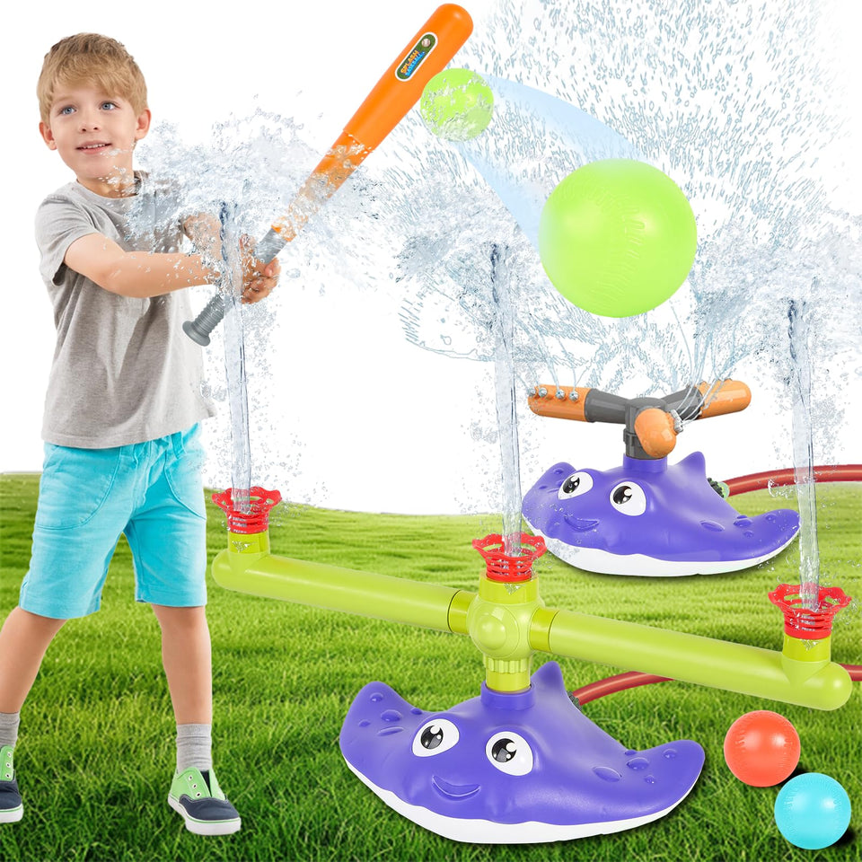 PWSOMJ 2-in-1 sprinkler baseball toy setup with dual heads for backyard fun.