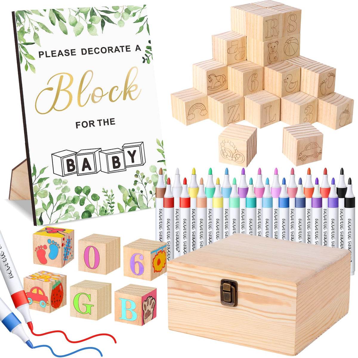 Pydeeirom wooden box with baby shower blocks and markers for tidy party setup
