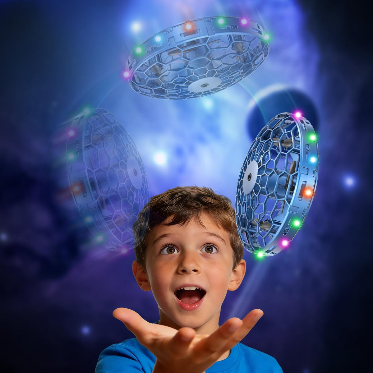 PYMSRTY flying toy drone with 360° sensor for safe indoor play.