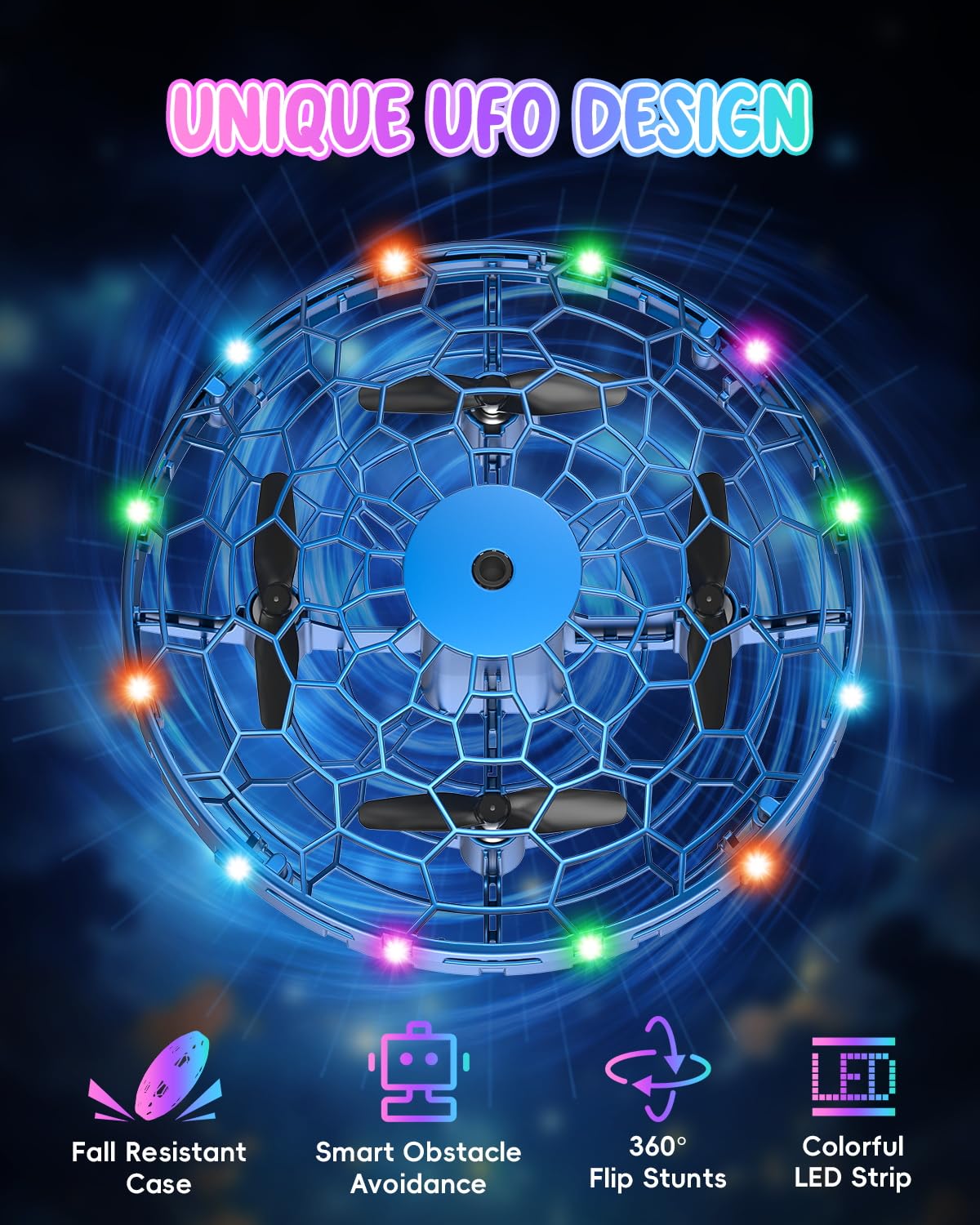 PYMSRTY LED lights create vibrant flight visuals for night play.