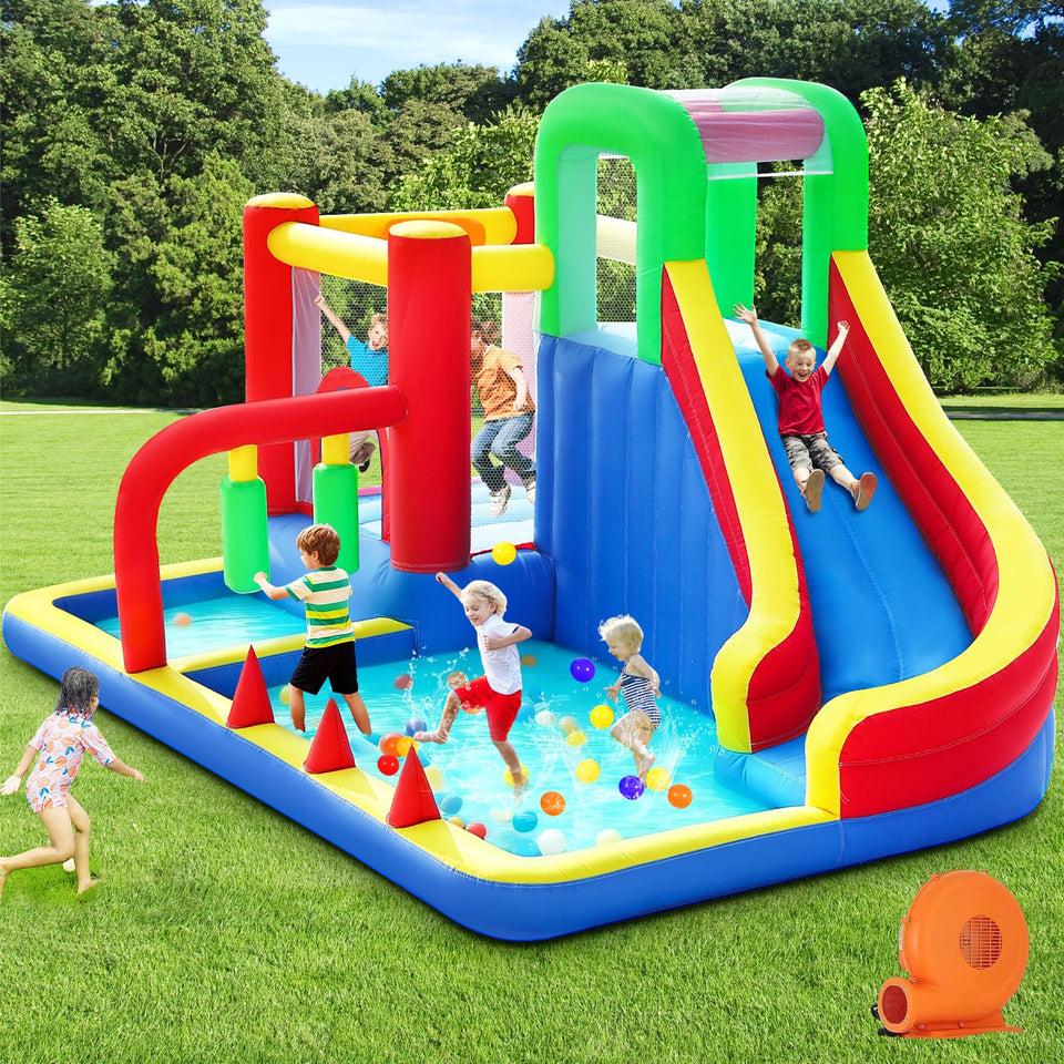 PZGEQ bounce house front view highlighting durable 8-in-1 play features for backyard fun.