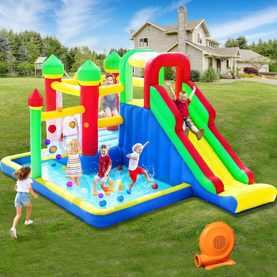 PZGEQ Bounce House front view shows a spacious play area for kids' active fun