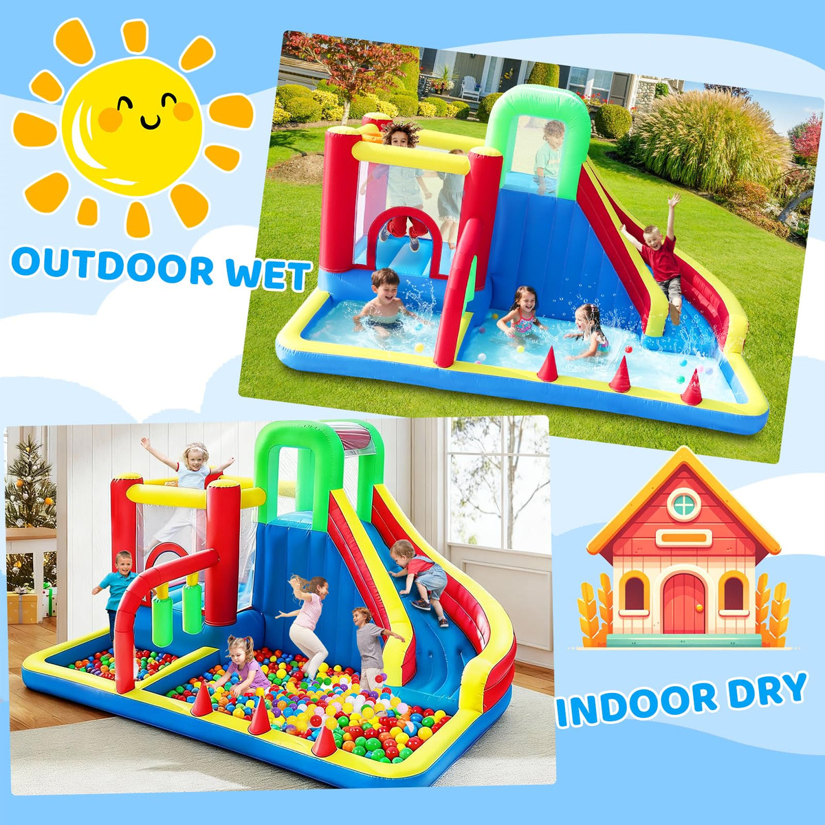 PZGEQ bounce house long slide for thrilling descent.