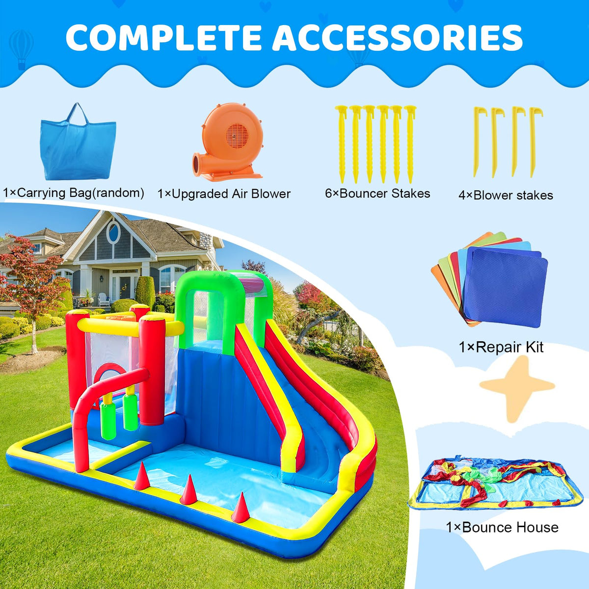 PZGEQ bounce house safety mesh and guardrails for secure play.