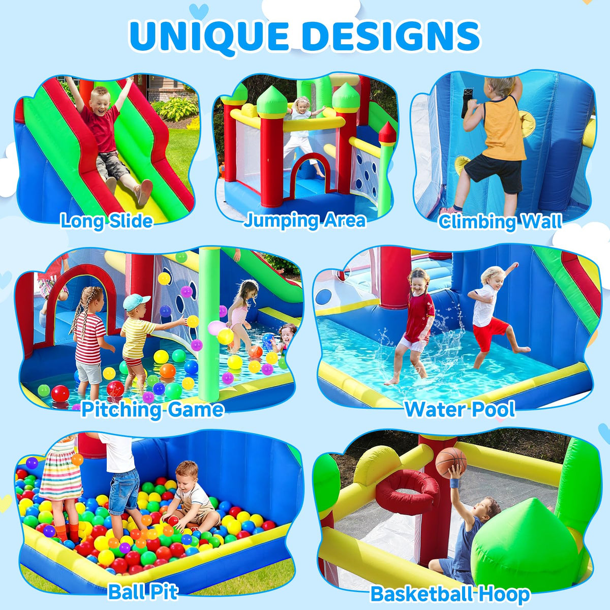PZGEQ Bounce House slide detail highlights a long, smooth descent for safe, exciting thrills