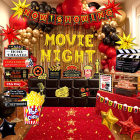 Pzoixuvo Movie Night balloons arch creates a dramatic cinema entrance and celebration mood.