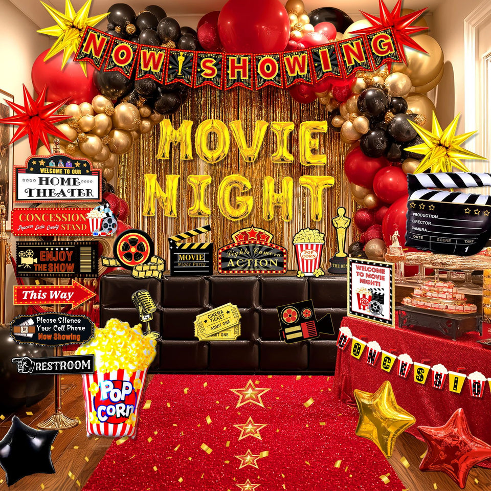 Pzoixuvo Movie Night balloons arch creates a dramatic cinema entrance and celebration mood.