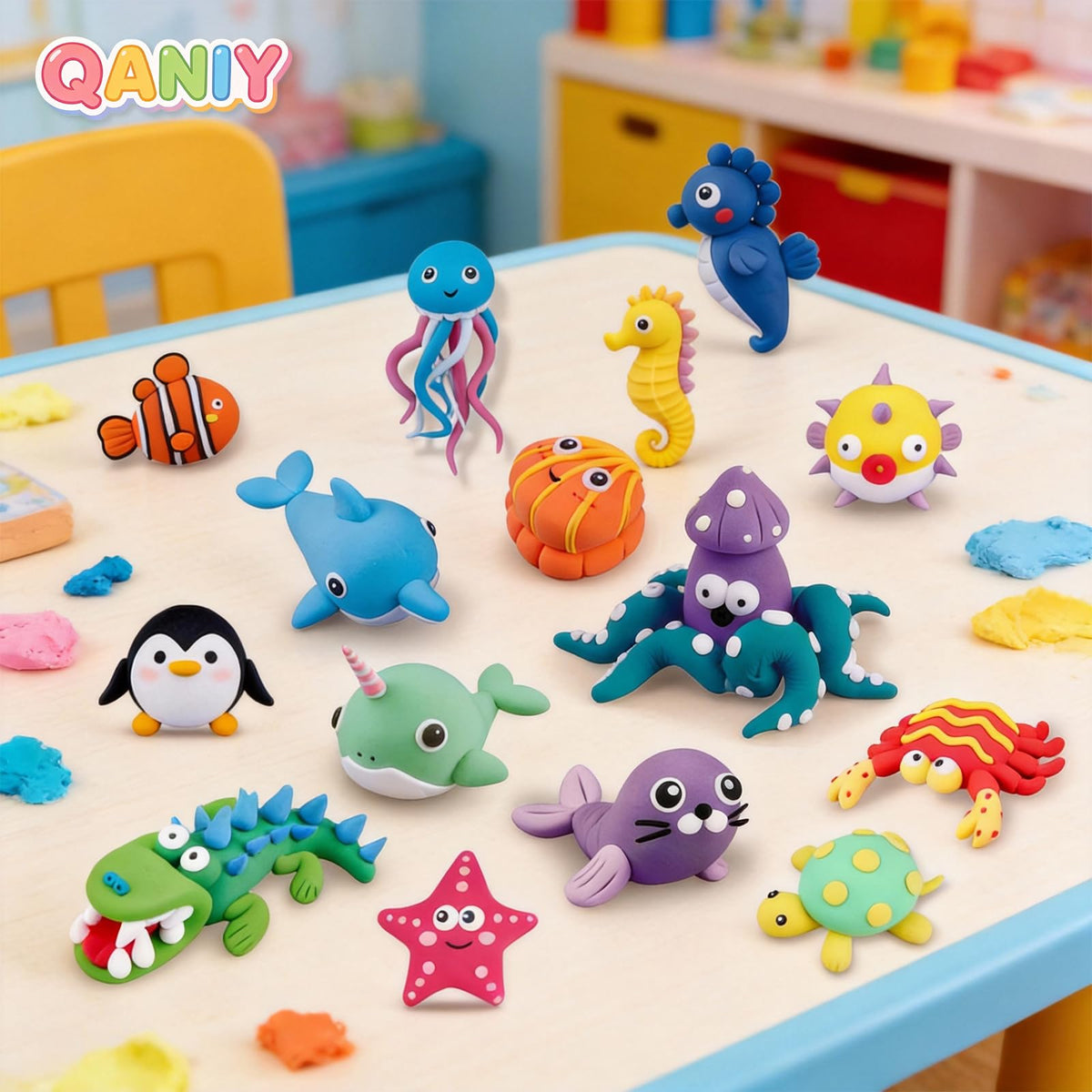 Children sculpt marine life with QANIY Air Dry Clay kit.