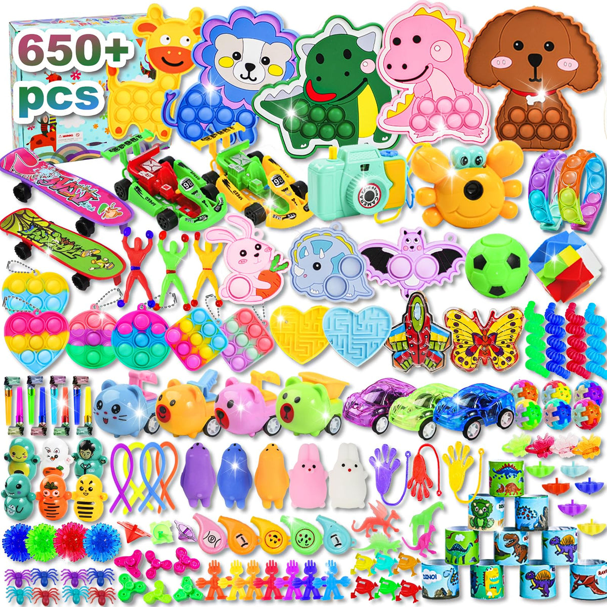 QATITP 650 Pcs Party Favors display for classroom prizes and celebrations.