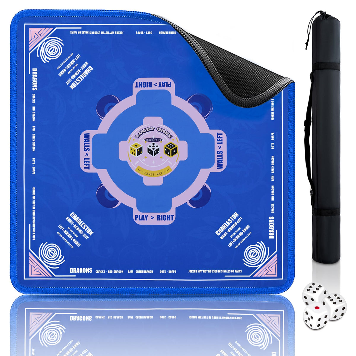QAZWQAZ Mahjong Mat 33x33 front view in blue, smooth surface for tile stability.