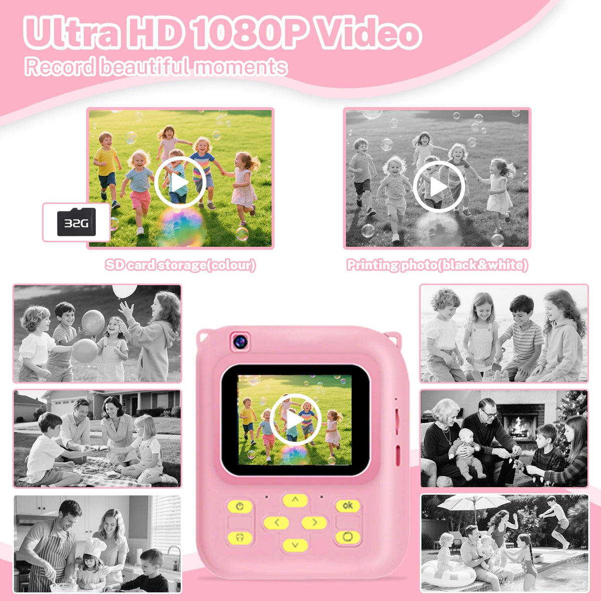 QDH camera with 32GB memory card stores thousands of photos and clips.