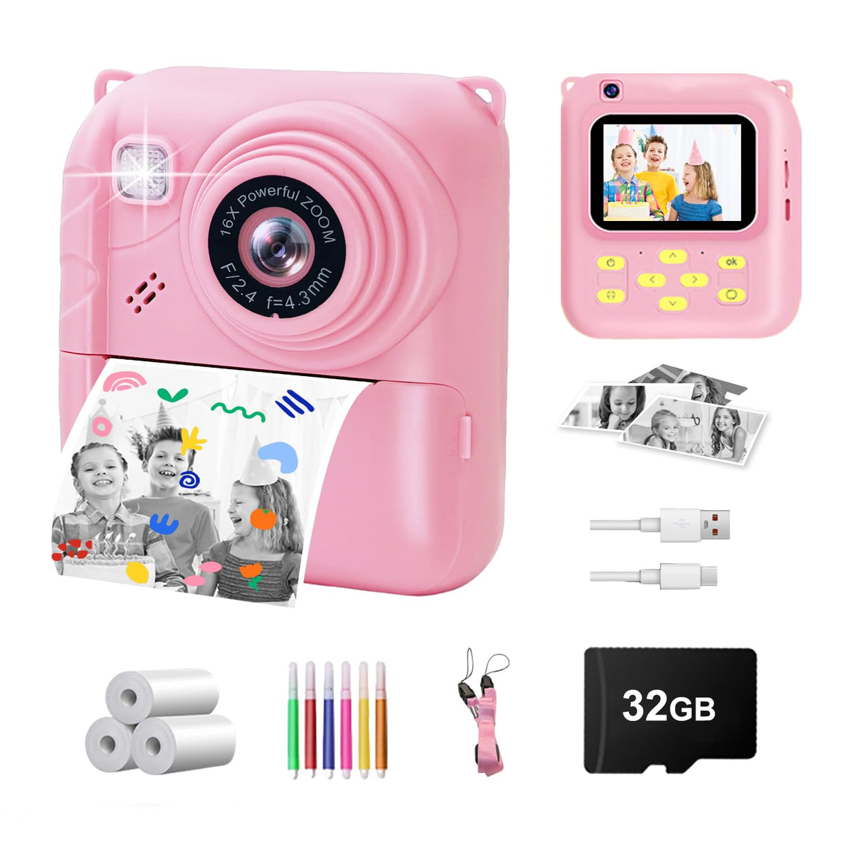 QDH instant print camera with pink cover is easy to hold for small hands.