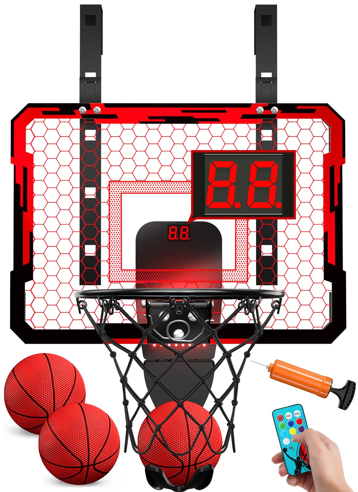 QDRAGON indoor basketball hoop with 7 LED lights enhances in-room playtime.