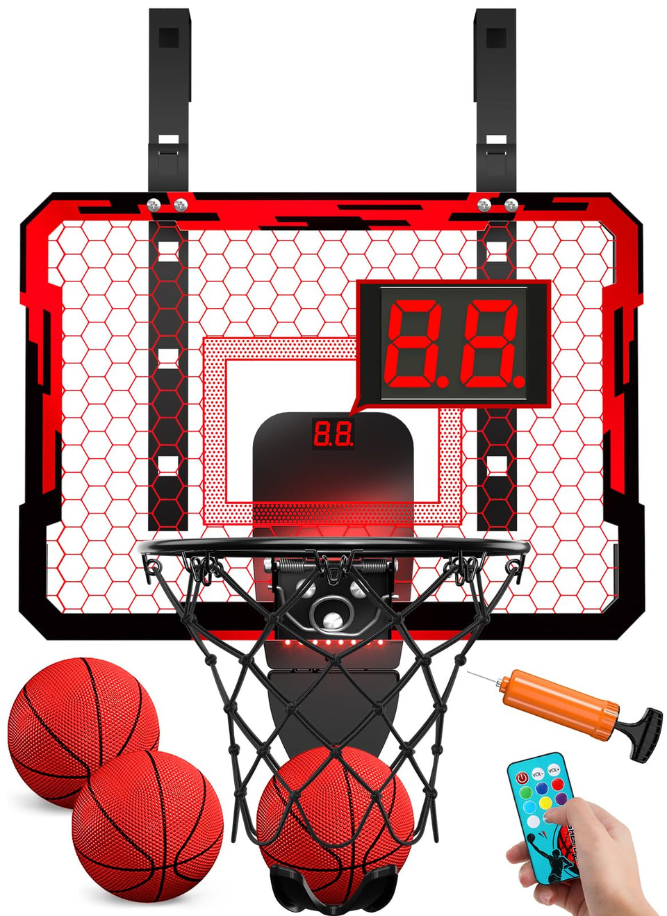 QDRAGON indoor basketball hoop with 7 LED lights enhances in-room playtime.