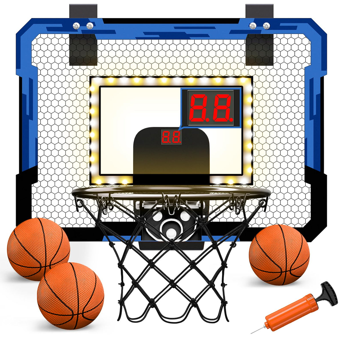 QDRAGON mini basketball hoop front view showing compact over-the-door setup for small spaces.