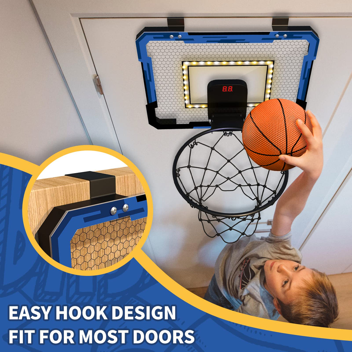 QDRAGON mini basketball hoop over-door installation for quick, drill-free setup.