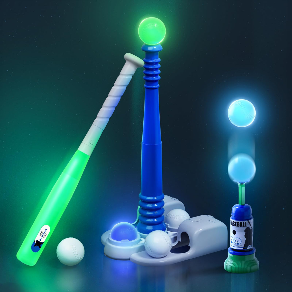 QDRAGON tee-ball set glow bat for backyard dusk play.