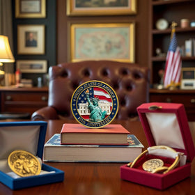QEXGQS commemorative coin on shelf-ready display stand.