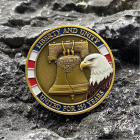 QEXGQS US 250th coin reverse view featuring Statue of Liberty and White House for display.