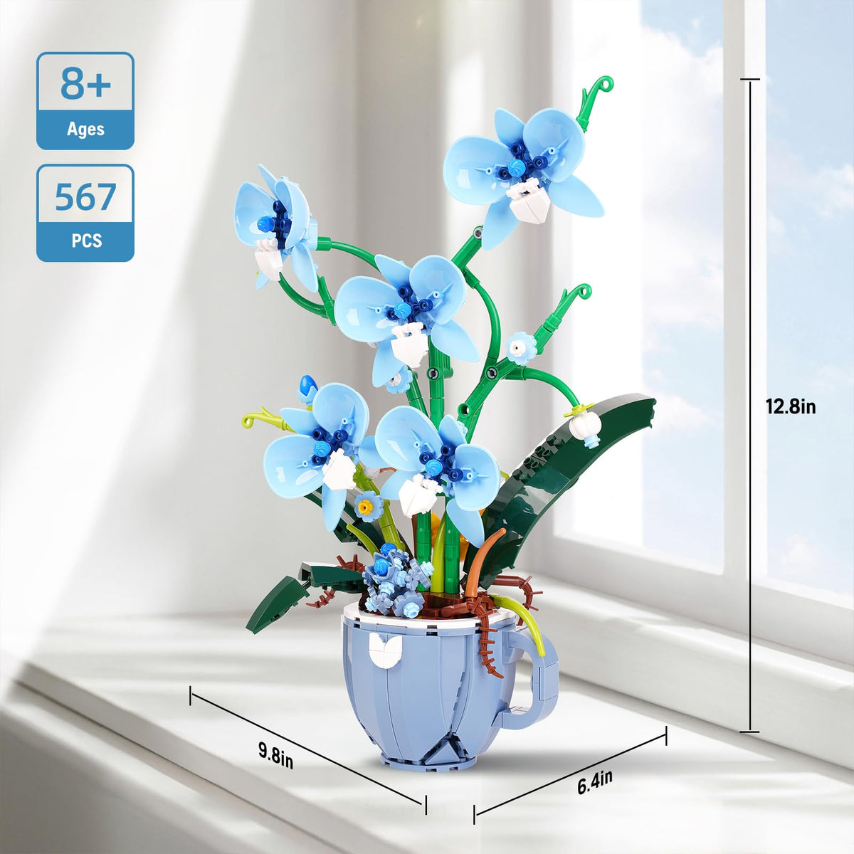 QFJ Ideas Blue Orchid stem-leaves arrangement ideal for desk or shelf.