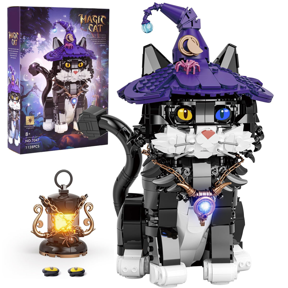 QFJ Ideas Harry Magic Cat wearing a hat with glowing lamp enhances home display.