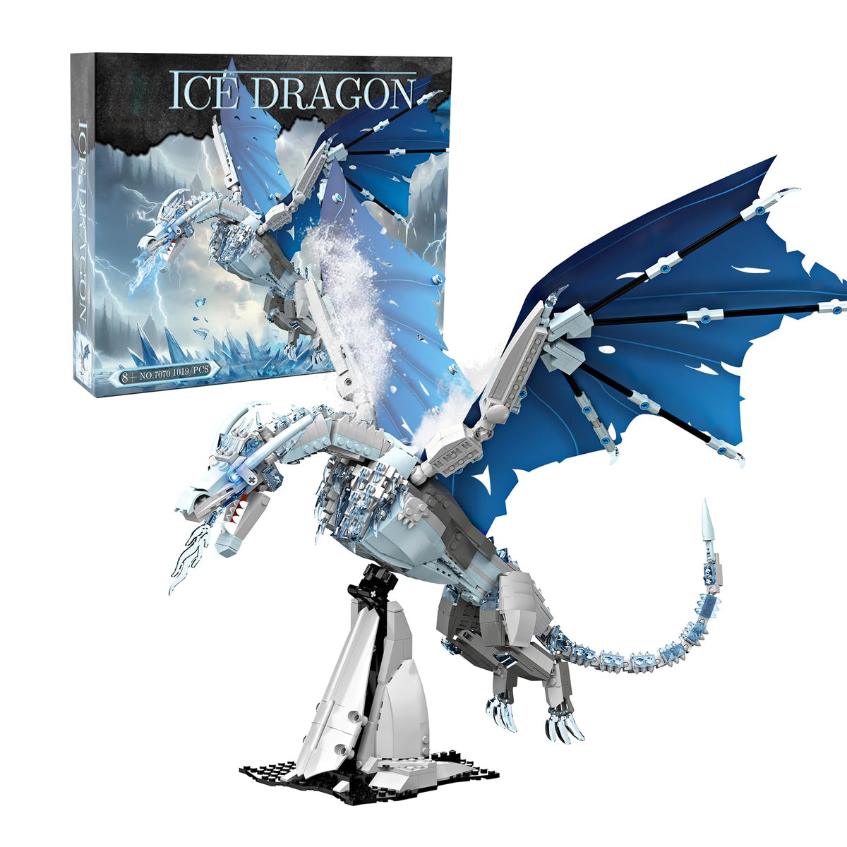 QFJ Ice Dragon assembled model on display, a stunning centerpiece for shelves and desks.