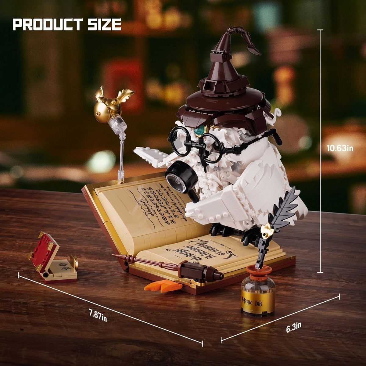 QFJ Ideas Magic World Owl Building Set stands on its spellbook base.
