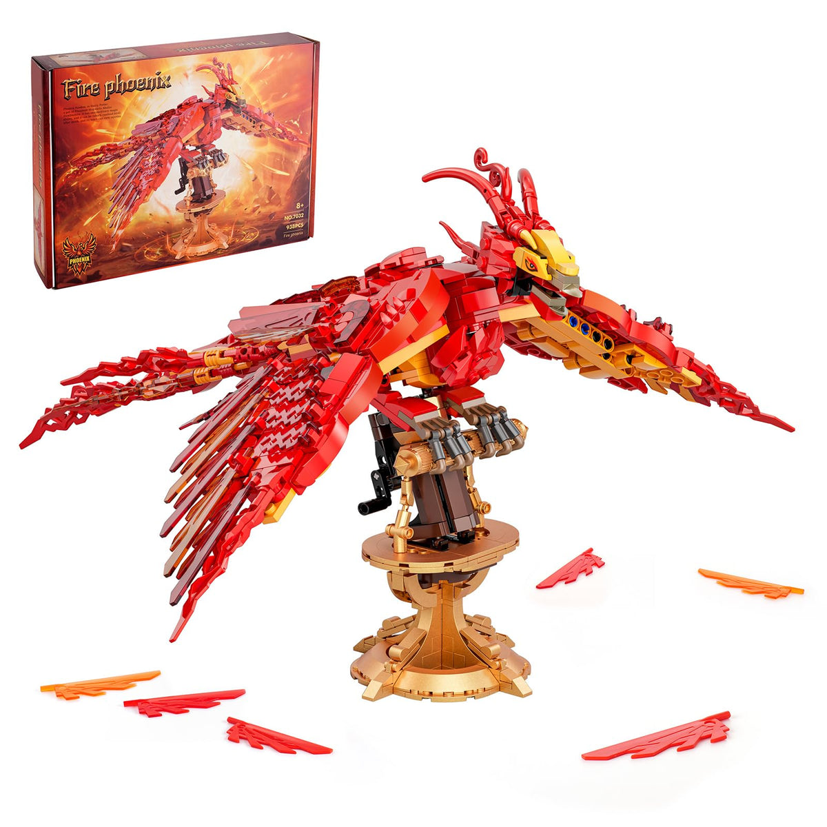 QFJ Moc Fire Phoenix display piece with vibrant plumage for collectors