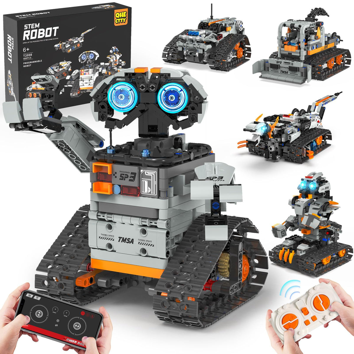 QHECTTY 5-in-1 STEM robot build kit assembly view, sparks creativity and hands-on learning.