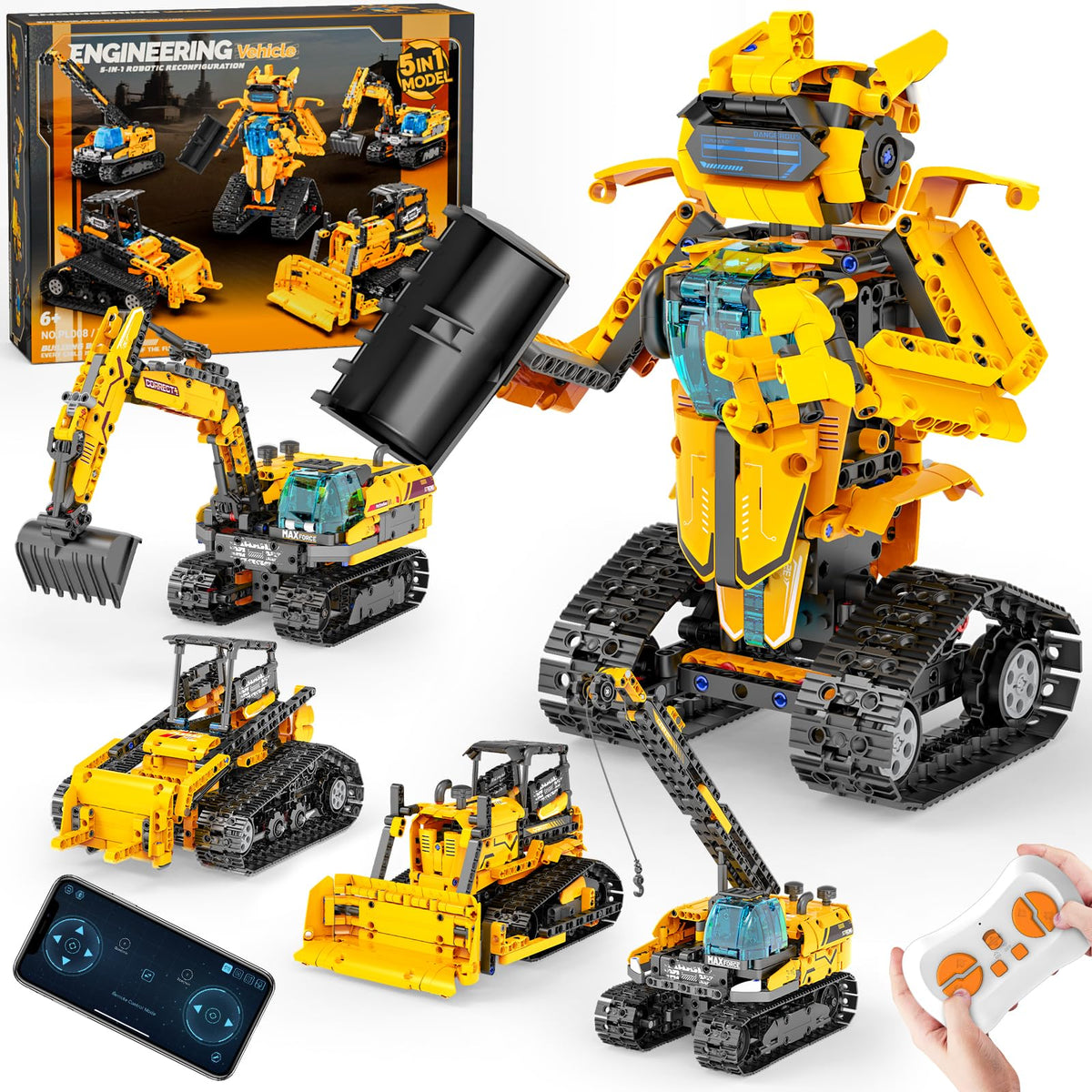 QHECTTY 5-in-1 STEM robot kit front view, inviting hands-on engineering play.