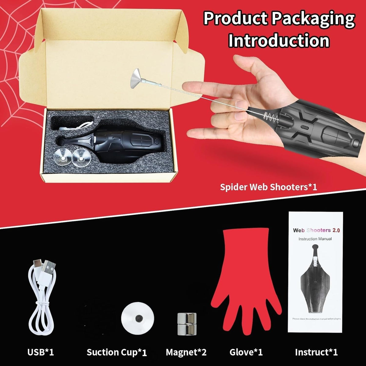 QHJIU Spider Web Shooter 2.0 motor and battery image illustrates reliable power for continuous shots