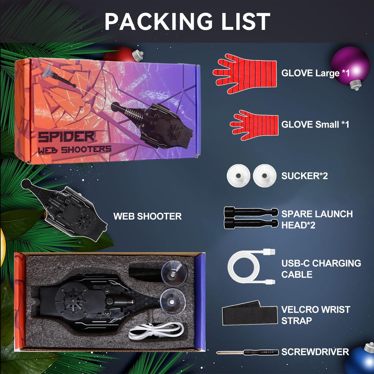 QHJIU Spider Web Shooter packaging highlights gift-ready fun and clear usage guidelines