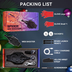 QHJIU Spider Web Shooter packaging highlights gift-ready fun and clear usage guidelines