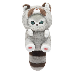 QHUACIZJL cute raccoon cat plush, front view, cozy display for shelves or desks